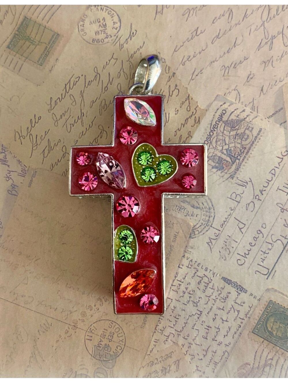 Vintage Enameled Vibrant Pink Gemstone Cross Pendant with Fun Colorful Bling